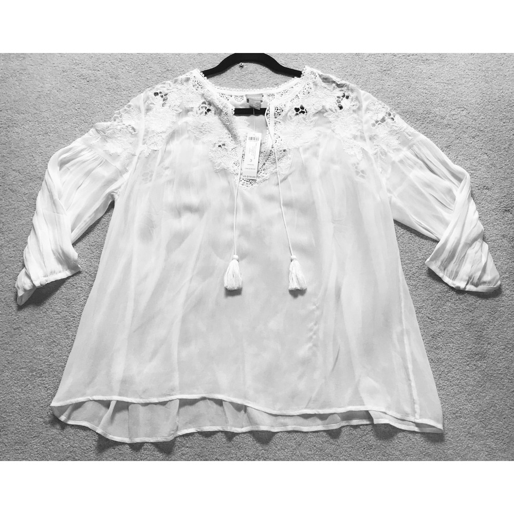 Chico's Womens White Size 3XL 3/4 Sleeve Embellished Peasant Tonal Beaded Blouse